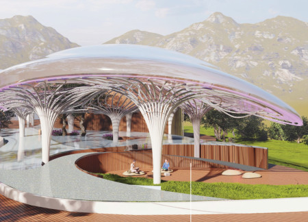 Curvilinear Spaces Crafted With Translucent Panels in an Olive Grove Setting