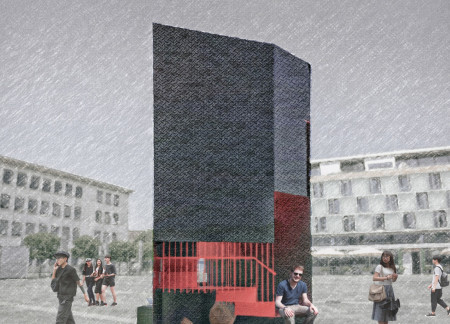Contrasting Black Steel and Red Interior in a Meditative Retreat