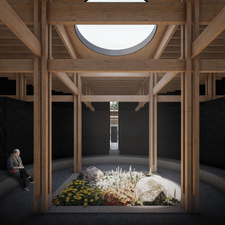 Circular Space of Reflection with Stone and Wood Niches  