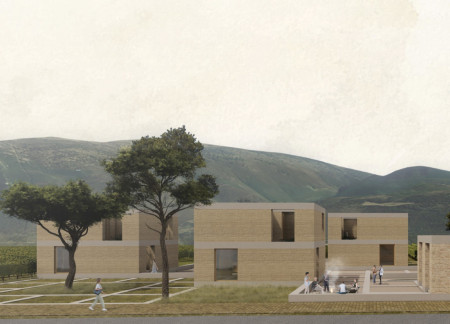 Rammed Earth Retreat Framing Views of Mount Subasio  