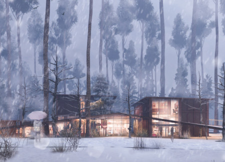 Gray Roof Structure Creating Fluid Connections Amid Lake Views  