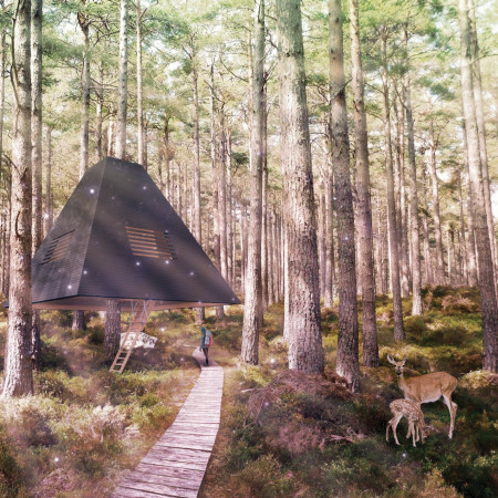 Elevated Cabins with Charred Timber and Cork Insulation for Forest Retreats