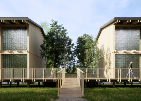 Glass Brick Workshops and Plywood Walls in a Modular Art Retreat  