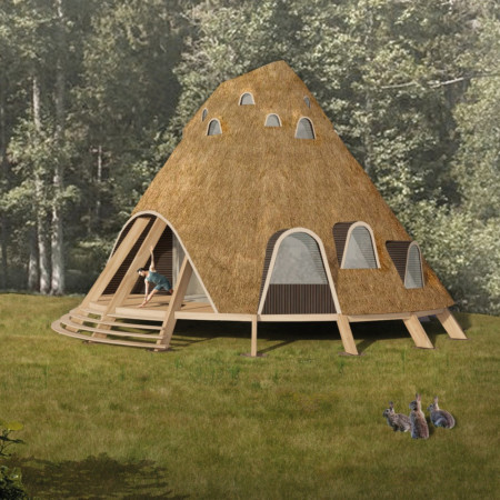 Spiritual Retreat with Tapered Thatch Roof Design