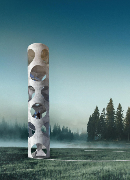 A Cylindrical Tower with Concrete Tubes and Metal Mesh for Panoramic Engagement