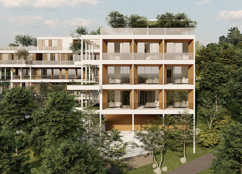 Charred Wooden Shingles and Green Roof Creating Seamless Integration with Nature in Elderly Living Spaces