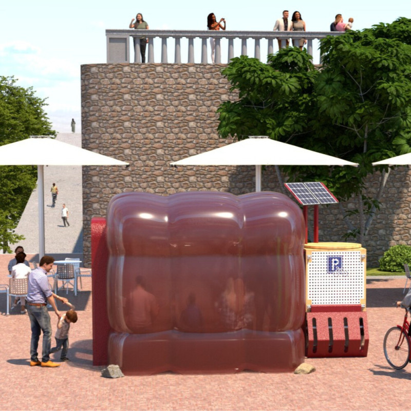 Mobile library featuring inflatable modules and sustainable photovoltaic panels in urban spaces  