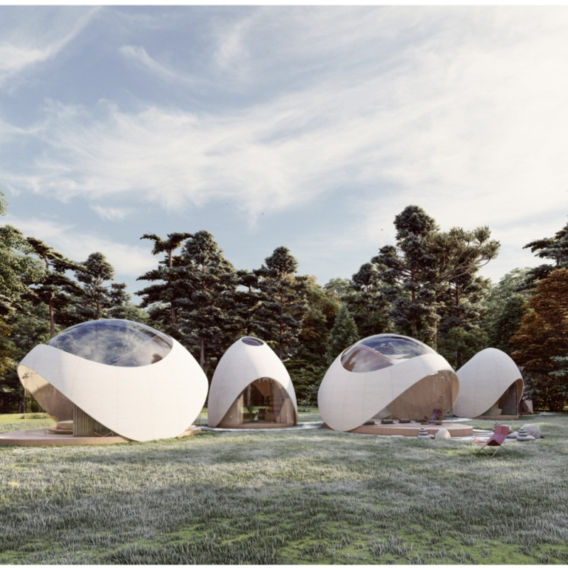 Curved Domes of Glass Fiber-Reinforced Cement and Natural Pine in a Mindful Retreat Setting