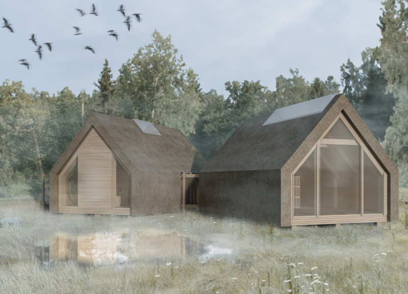 Thatch Roof and Wooden Rafters Blend Harmoniously in a Community-Centric Residential Space  