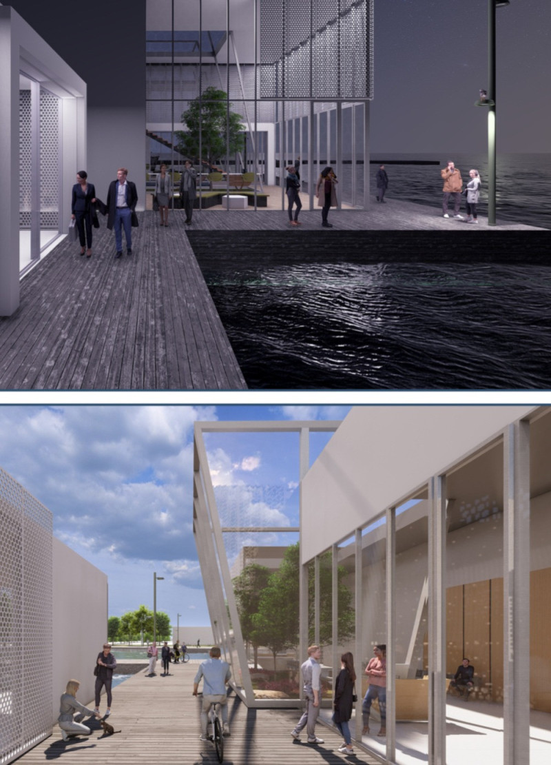 Floating Disaster Relief Center With Modular Steel Framework and Waterproof Wood Finishes  