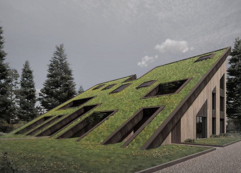 Charred Wooden Shingles and Green Roofs in a Triangular Wellness Retreat  