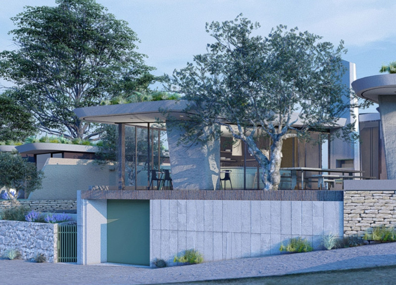 Guest house showcasing local timber and natural stone integration within an olive grove setting