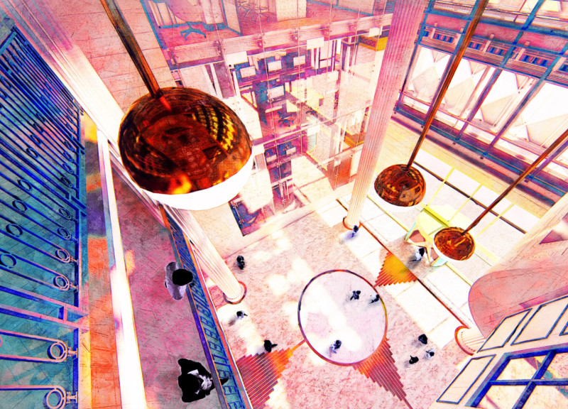 Heritage Restoration Featuring Light-Filled Atrium With Geometric Marble Elements and Contemporary Glass Facades