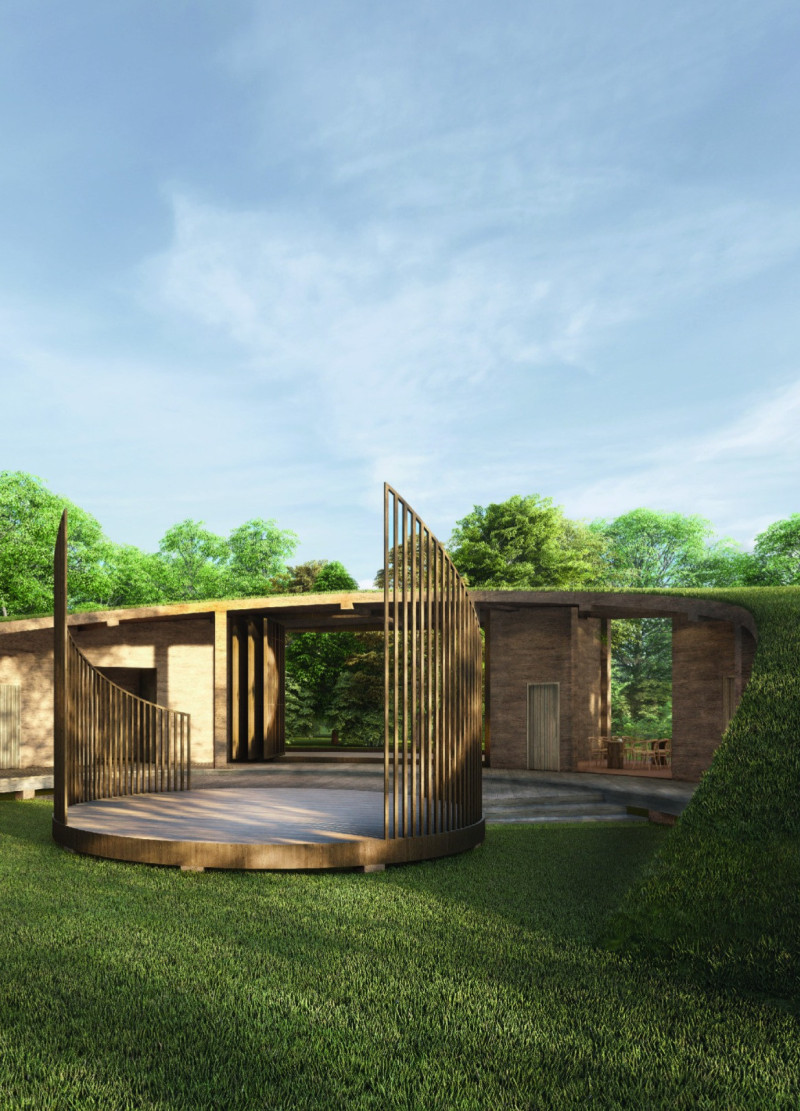 Curvilinear Design Featuring Grass Roof and Plywood Frames for a Wellness Retreat