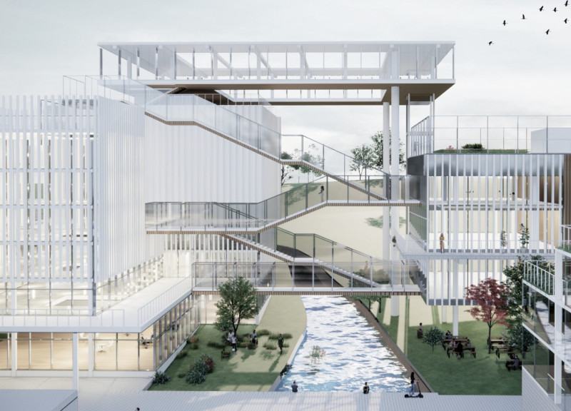 Smart Farm Integration With Green Roofs And Soundproofed Workspaces Using Iron And Glass  