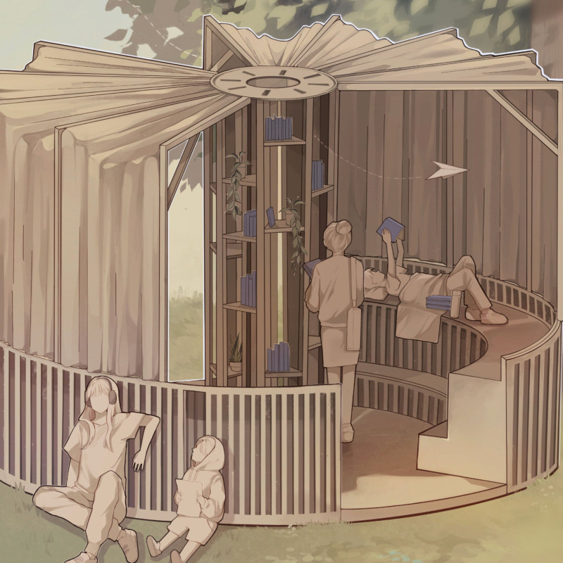 Playful Circular Structure Featuring Adjustable Canvas Curtains and Natural Timber Elements for Community Engagement