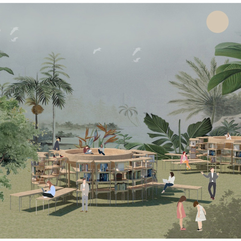 Flexible Space with Movable Shelving and Natural Wood Elements for Enhanced Community Engagement