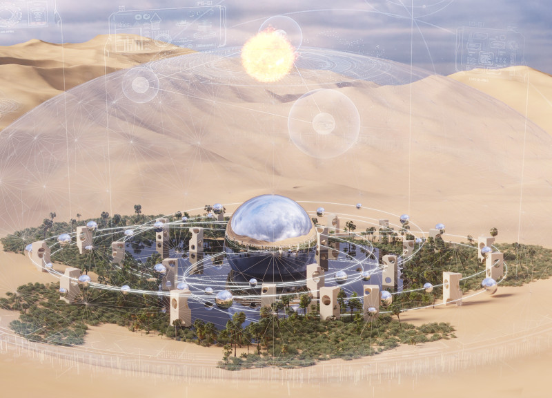 Reflective Glass Dome With Bio-Composite Structures in Eco-Friendly Desert Living  
