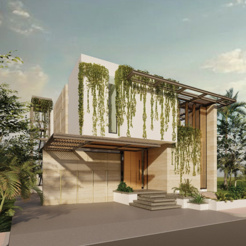 Residential home featuring local stone façades and green wall systems for sustainable living