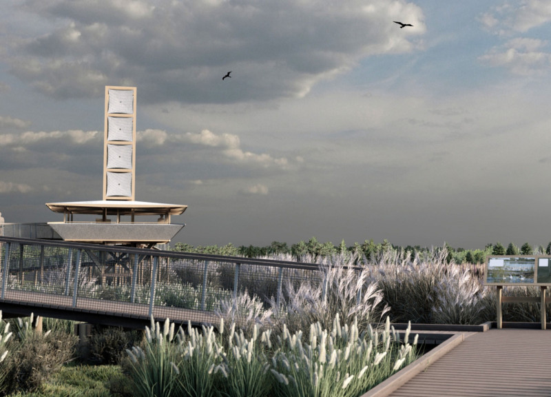 Elevated Viewing Platform With Eco-Composites and Fabric Canopy in Natural Wetlands