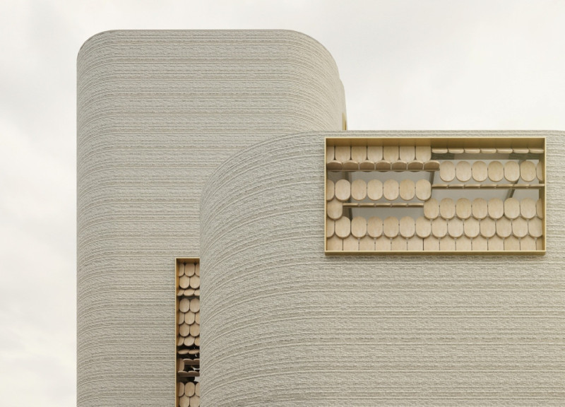 Sustainable Community Hub Featuring Clay Brick Construction and Modular Solar Shading