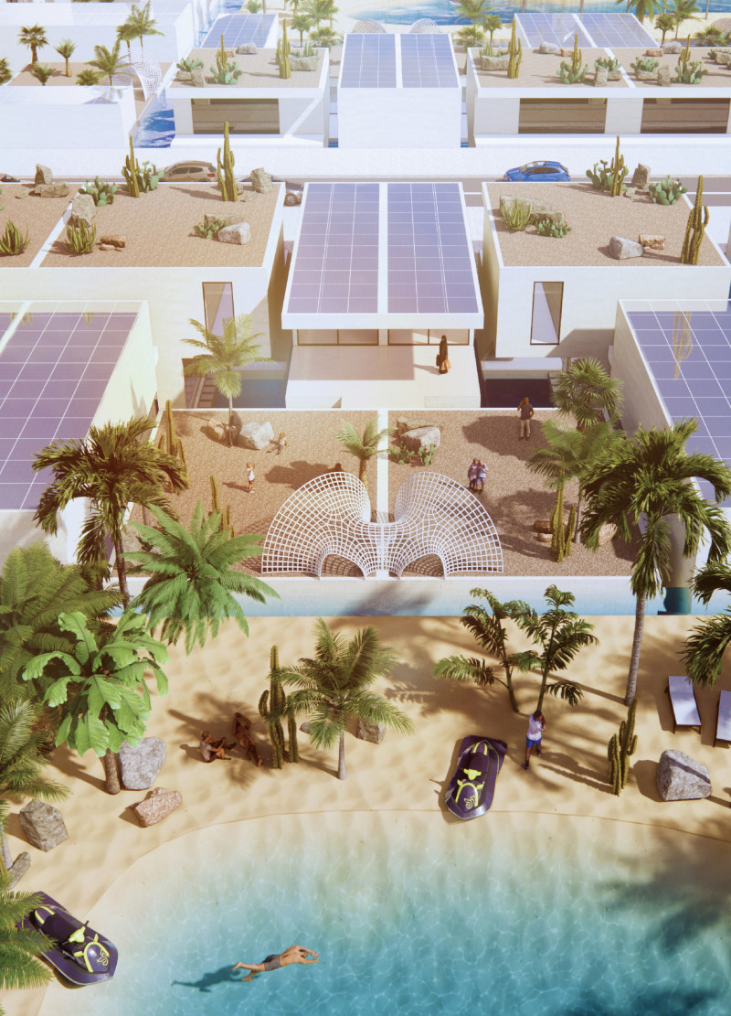 Water Gardens and Integrated Photovoltaics in Sustainable Desert Housing  
