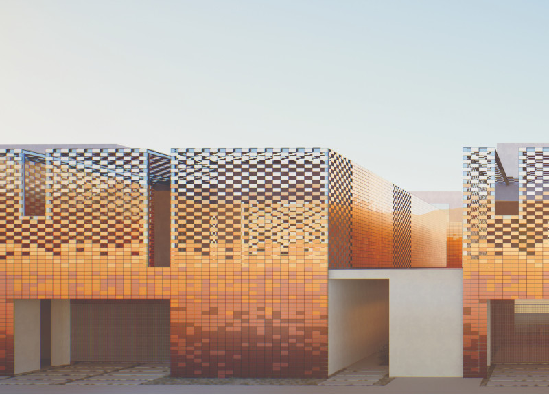 Mosaic Facades Complementing Polymer Concrete And Sustainable Courtyard Design In Modern Residential Living