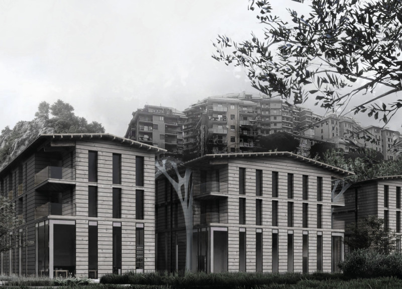 Charred Wooden Shingles and Cross-Laminated Timber Panels Enriching a Contemporary Community Space