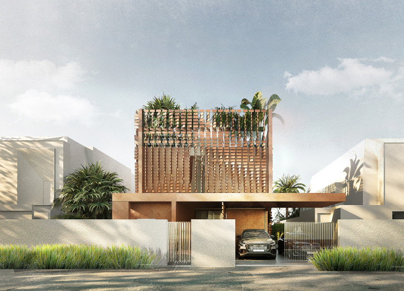 Charred Wooden Slats and Natural Ventilation in a Dual-Level Habitat  