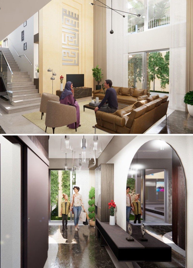 Palm Frond Facades and Geometric Layouts Defining Sustainable Living Spaces in Arid Environments  