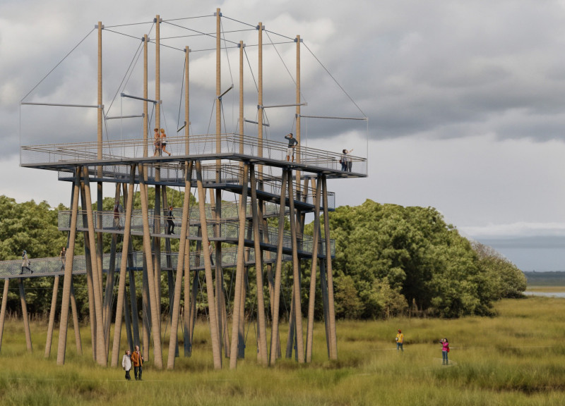 Spiral Ramp Structure Featuring Locally Sourced Pine and Steel Integration for Enhanced Accessibility and Nature Engagement
