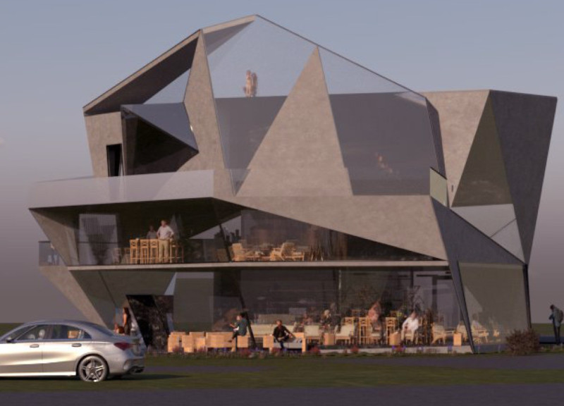 Pentagonal Space Crafted With Basalt and Natural Wood Overlooking Northern Lights