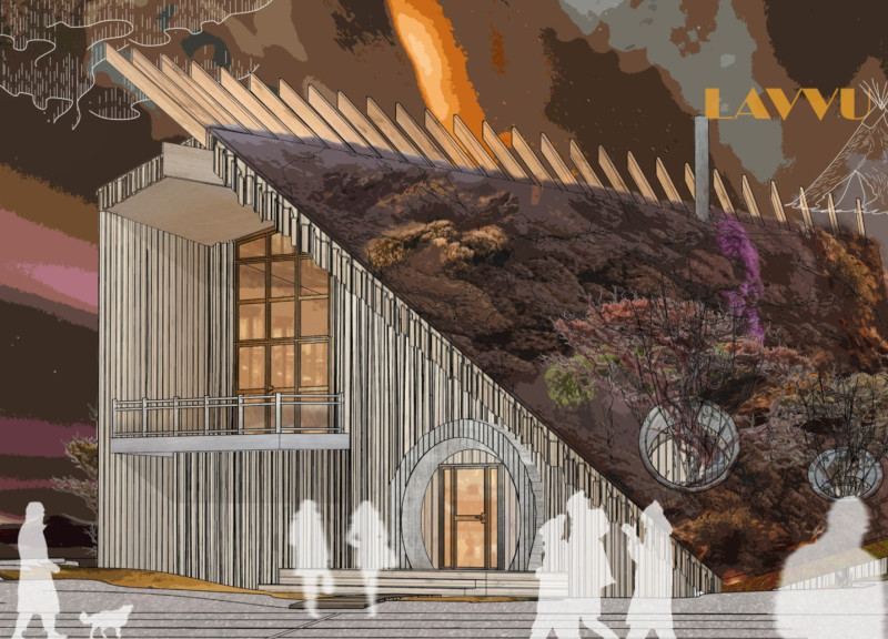 Curved Roof Structure Featuring Charred Wooden Shingles and Cross-Laminated Timber Panels Enhances Community Engagement