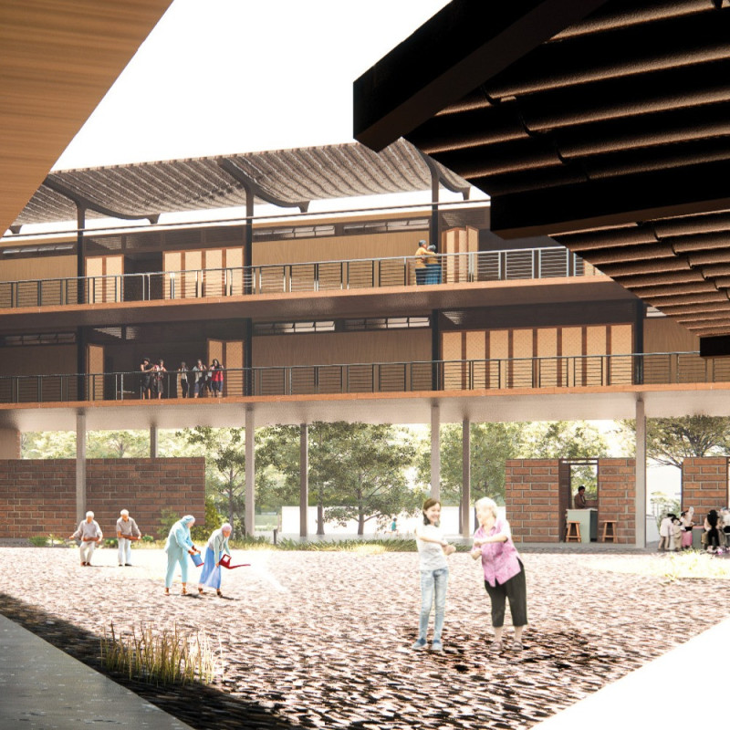 Sustainable Community Living Enriched by Overhanging Roofs and Rattan Furnishings  