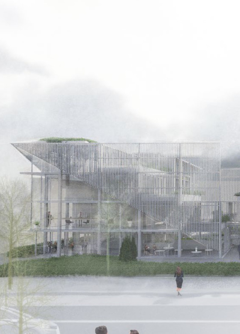 Green Roof Integration With Acoustic Planning In A Contemporary Workspace Using Aluminum And Glass Facades