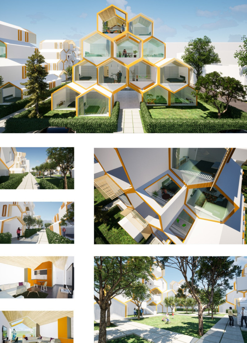 Hexagonal Housing with Glass Facades and Sustainable Timber Elements  