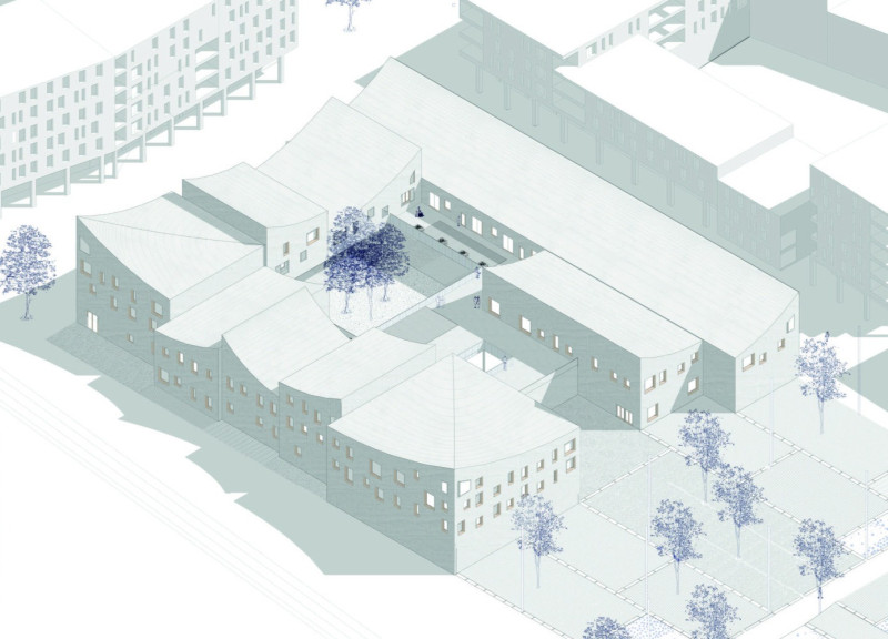 Charred Wooden Shingles Blending With Natural Surroundings in Flexible Community Spaces
