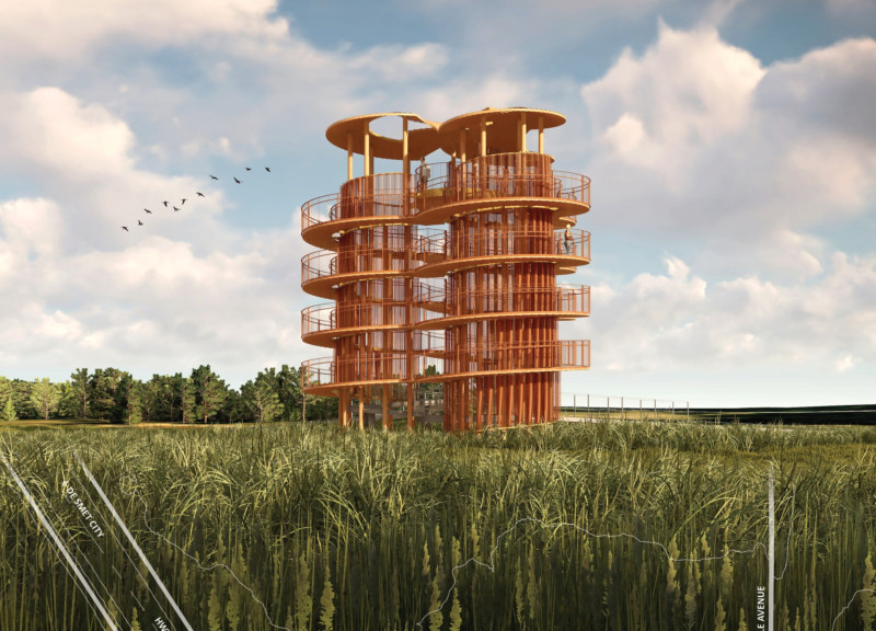 Spiral Observation Tower Clad in Copper and Supported by Cross-Laminated Timber  