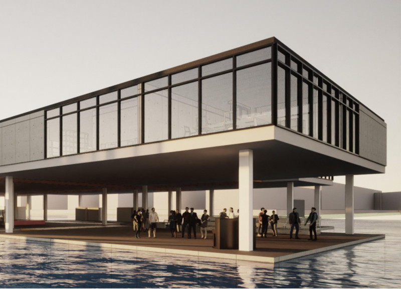Floating Workspace Constructed with Reinforced Concrete and Glass Facades