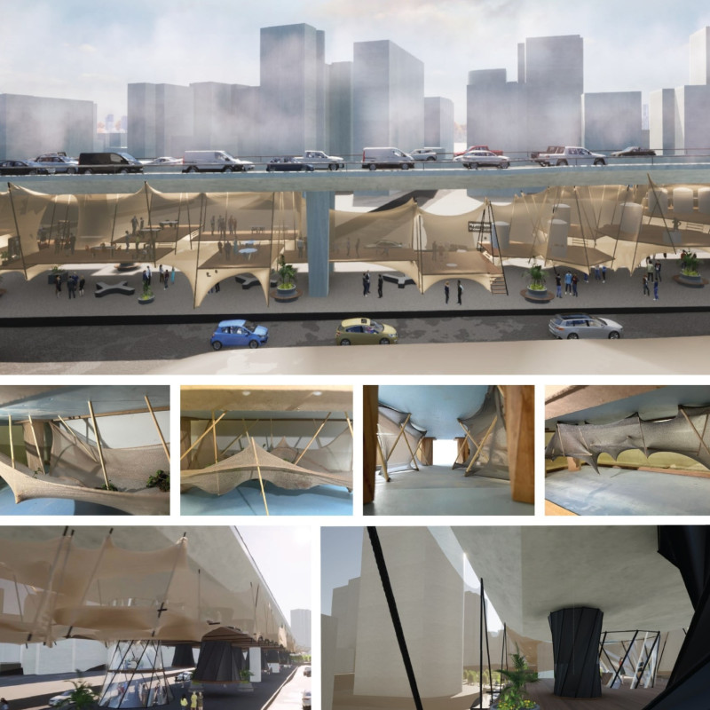 Tensile Fabrics and Steel Framework Redefining Urban Connectivity Beneath a Major Bridge
