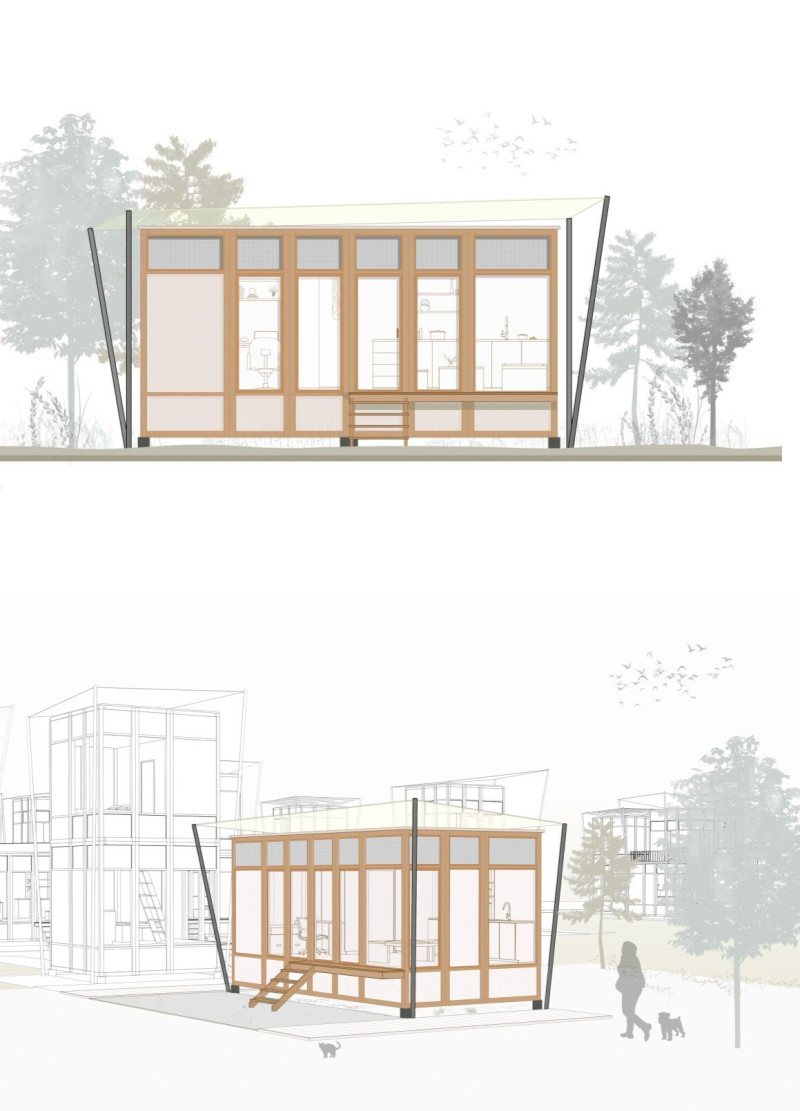 Canopy-Integrated Housing Units Utilizing High-Tech Fabric and Thermally Modified Wood in Community Recovery Design