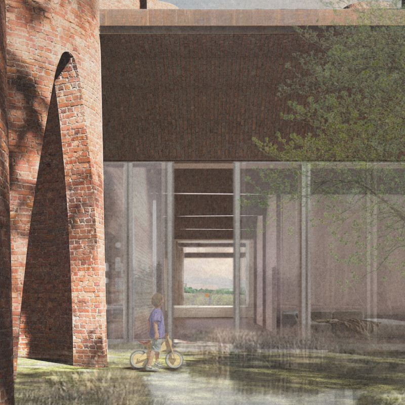 Cylindrical Forms of Charred Wood and Earth Tones in Community Living Spaces