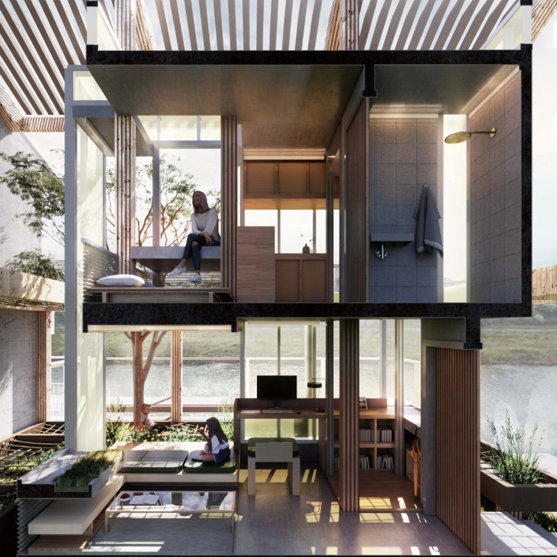 Charred Wooden Shingles Complementing Cross-Laminated Timber Panels in a Multifunctional Urban Space