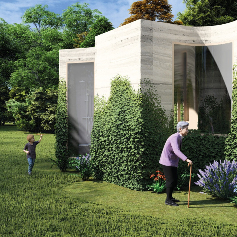 3D Printed Living Spaces Enhanced by Sustainable Wood and Communal Design Features