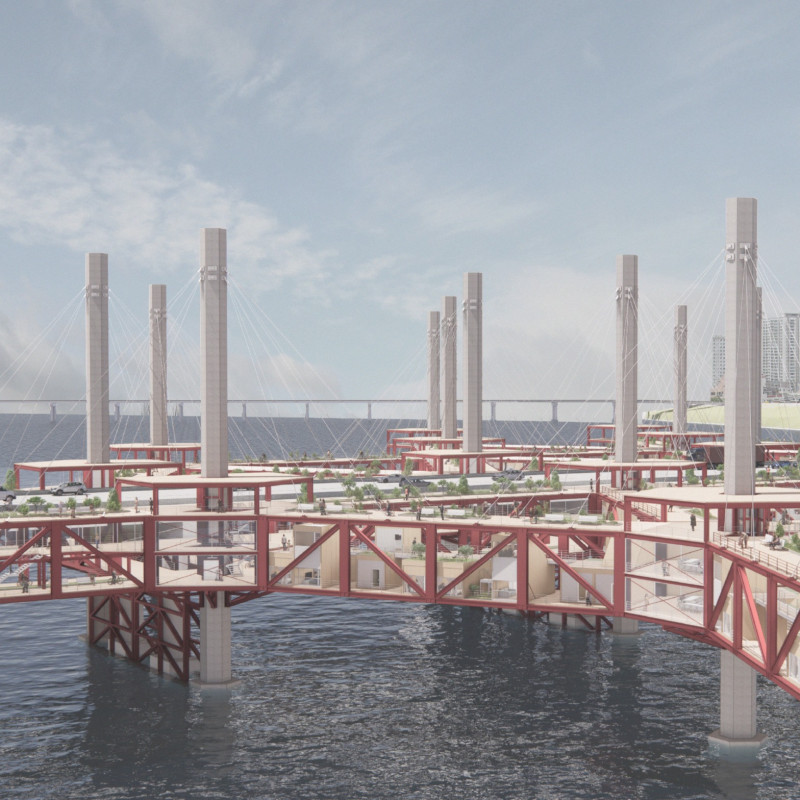 Residential Units Integrated into a Cable-Stayed Bridge with Glass Facades and Sustainable Materials