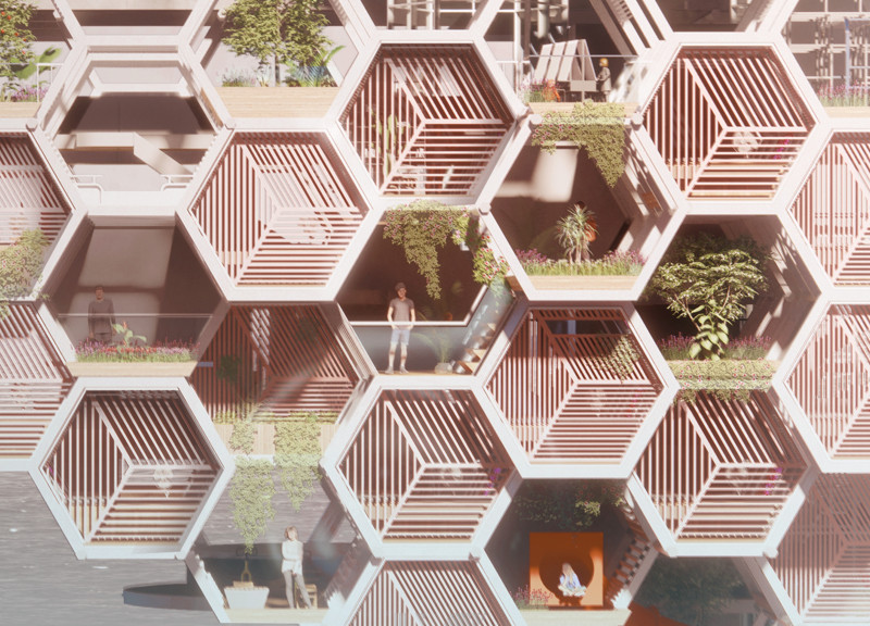 Affordable housing crafted with hexagonal modules and natural materials in an urban bridge setting