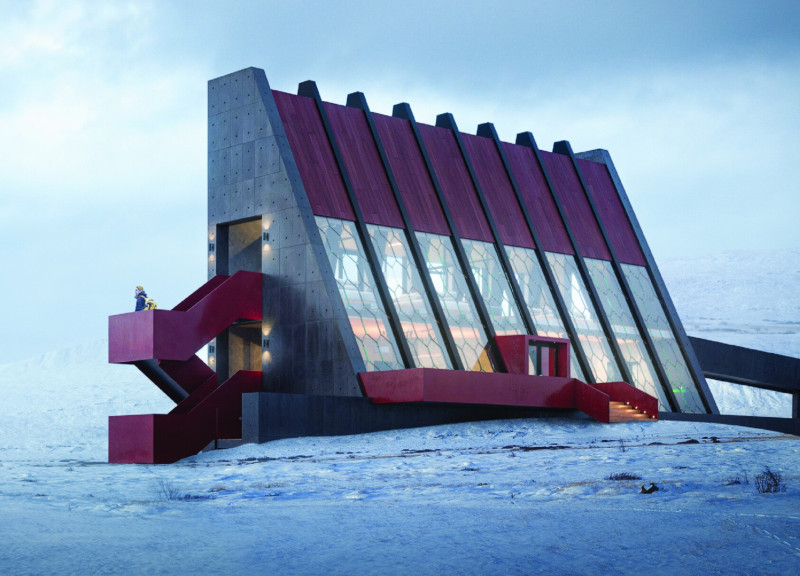 Red-Stained A-Frame Structure Utilizing Volcanic Ash Concrete for Sustainable Recreation in Iceland  