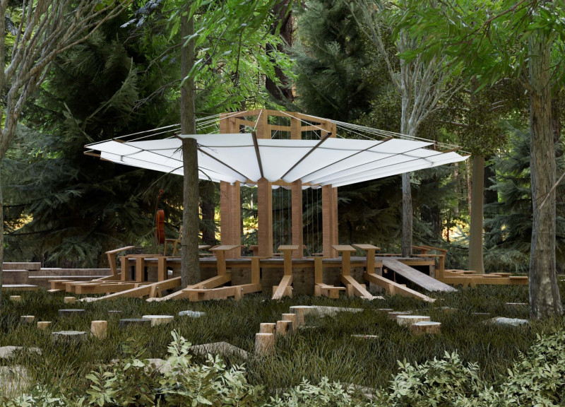 Sculptural Space Integrating Recycled Rubber and Acoustic Harmonies in a Natural Setting  