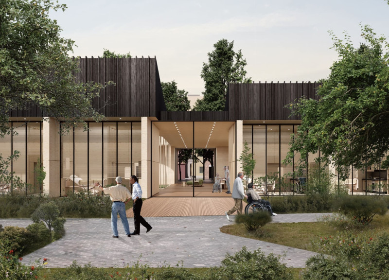 Charred Wooden Shingles and Cross-Laminated Timber Panels Defining Sustainable Community Spaces  