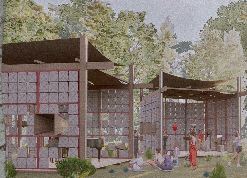 Charred Wooden Shingles and Recycled Aggregates Shaping A Multifunctional Community Hub  
